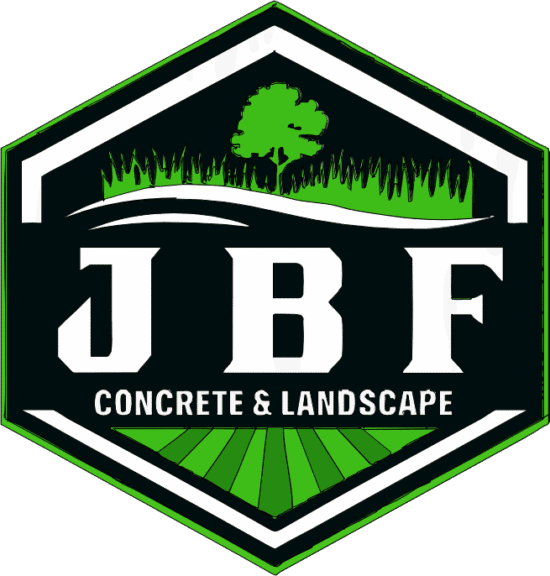 JBF Concrete & Landscape logo with a green tree, grass, and field inside a black and green hexagon. Bold white text is centered in the design.